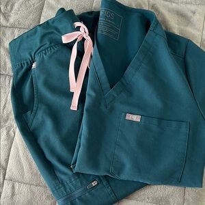 Figs Teal Scrub Set with Pink Tie